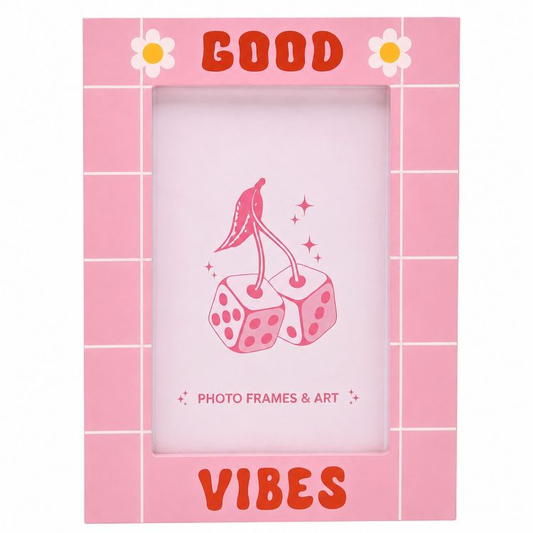 6x4 Inch Good Vibes Wooden Photo Frame with Glass | Pink Daisy Picture Frame