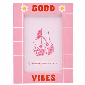 6x4 Inch Good Vibes Wooden Photo Frame with Glass | Pink Daisy Picture Frame