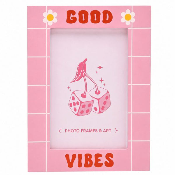 6x4 Inch Good Vibes Wooden Photo Frame with Glass | Pink Daisy Picture Frame