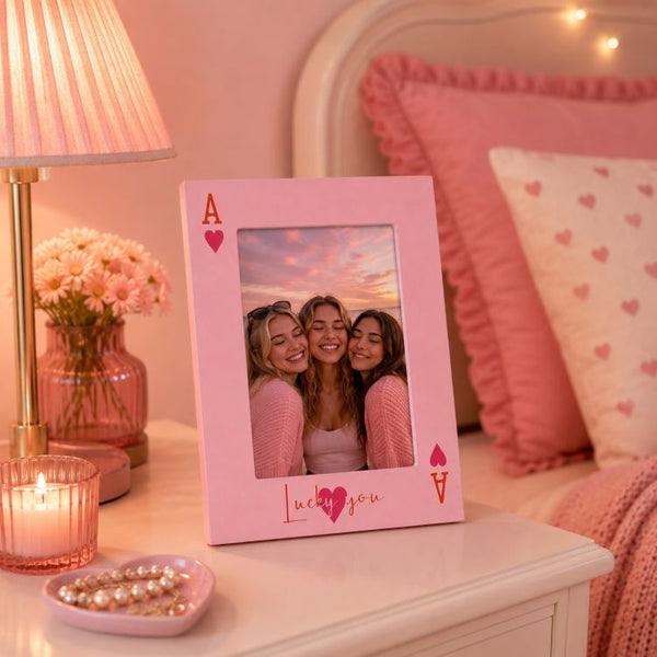 6x4 Inch Lucky You Wooden Photo Frame with Glass | Pink Playing Card Picture Frame