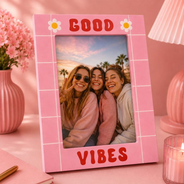 6x4 Inch Good Vibes Wooden Photo Frame with Glass | Pink Daisy Picture Frame