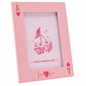 6x4 Inch Lucky You Wooden Photo Frame with Glass | Pink Playing Card Picture Frame