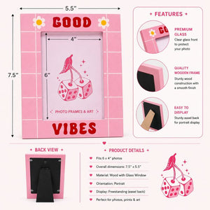 6x4 Inch Good Vibes Wooden Photo Frame with Glass | Pink Daisy Picture Frame