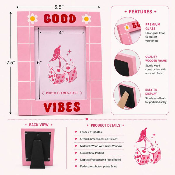6x4 Inch Good Vibes Wooden Photo Frame with Glass | Pink Daisy Picture Frame