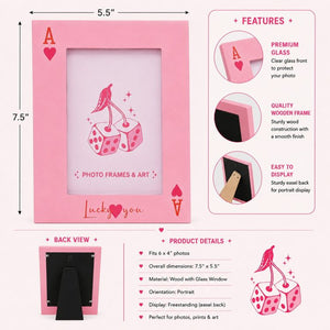6x4 Inch Lucky You Wooden Photo Frame with Glass | Pink Playing Card Picture Frame