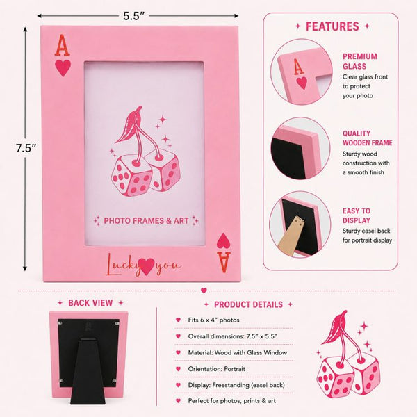 6x4 Inch Lucky You Wooden Photo Frame with Glass | Pink Playing Card Picture Frame
