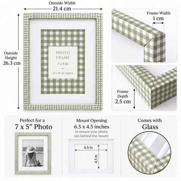 7x5" Photo Frame | Green Gingham