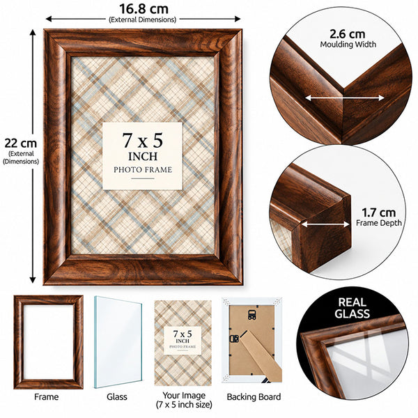 7x5" Walnut Effect Photo Frame With Glass | Weymouth