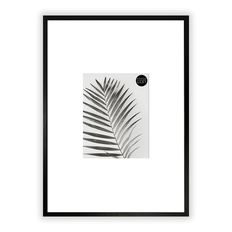 Oversized Mount Wooden A2 Black Frame for A4 with a photo of a plant and PF&A Logo 