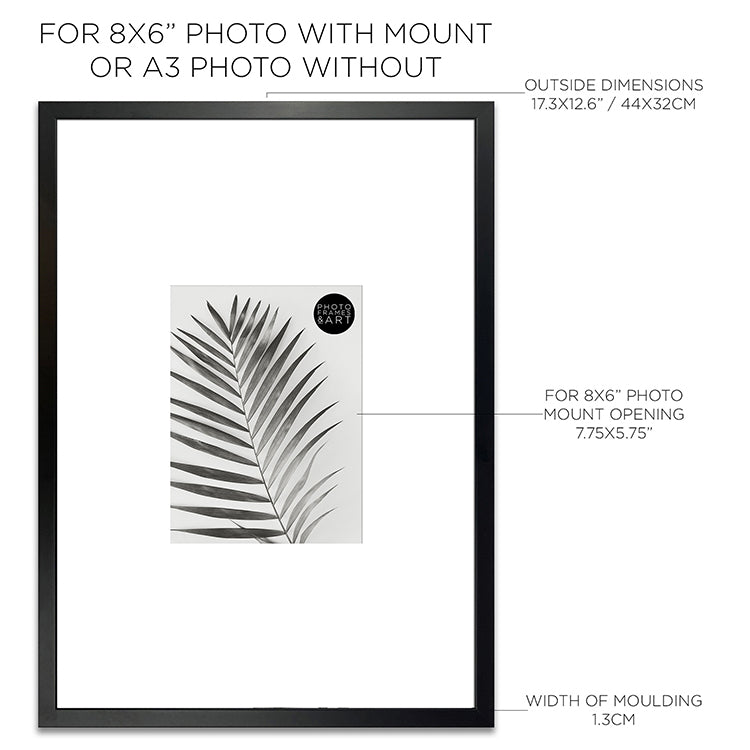 Dimensions of Oversized Mount Wooden A3 Black Frame for 8x6 with a Photo of a Plant and PF&A Logo