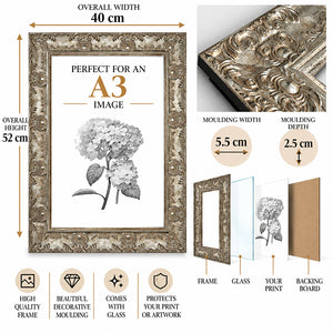 A3 Ornate Antique Frame With Glass | Champagne Silver