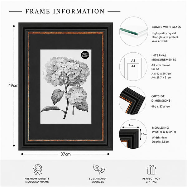 A3 Shabby Chic Poster Frame For A4 Print With Mount | Vintage Black