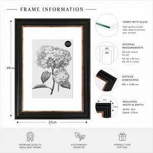 A3 Poster Frame For A4 Print With Mount | Vintage Black White Mount