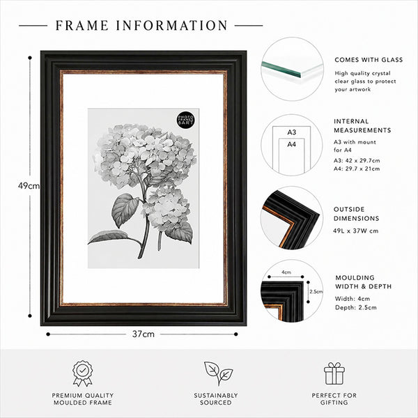 A3 Poster Frame For A4 Print With Mount | Vintage Black White Mount