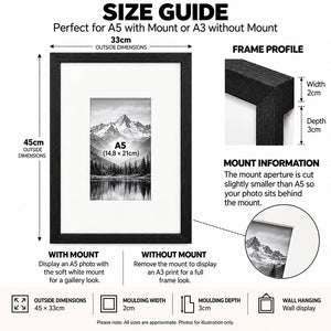 A3 Wood Frame for A5 Print With Mount | Hartland Black