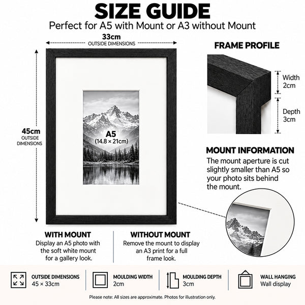 A3 Wood Frame for A5 Print With Mount | Hartland Black