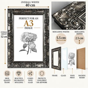 A3 Ornate Antique Frame With Glass | Gunmetal Silver