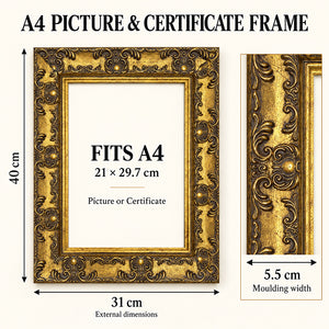 A4 Ornate Antique Frame With Glass | Gold