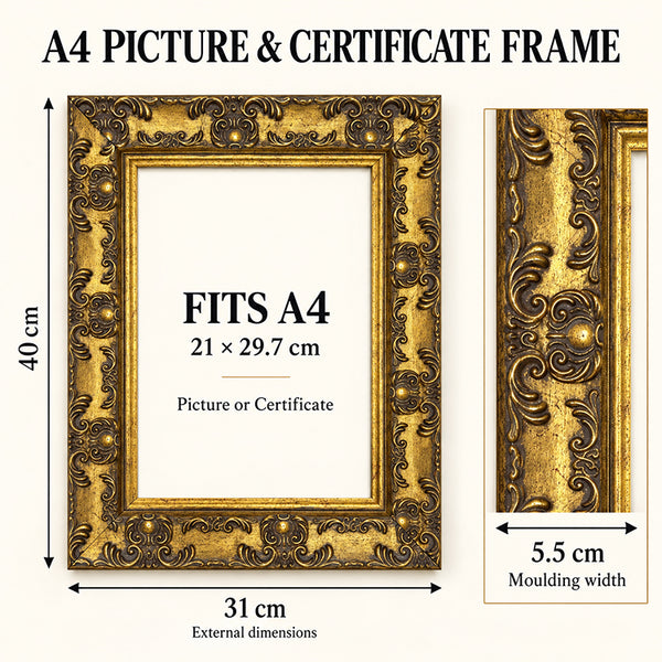 A4 Ornate Antique Frame With Glass | Gold