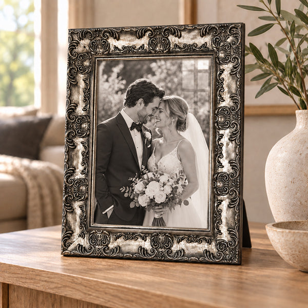 A4 Ornate Antique Frame With Glass | Gunmetal Silver