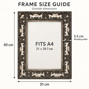 A4 Ornate Antique Frame With Glass | Gunmetal Silver