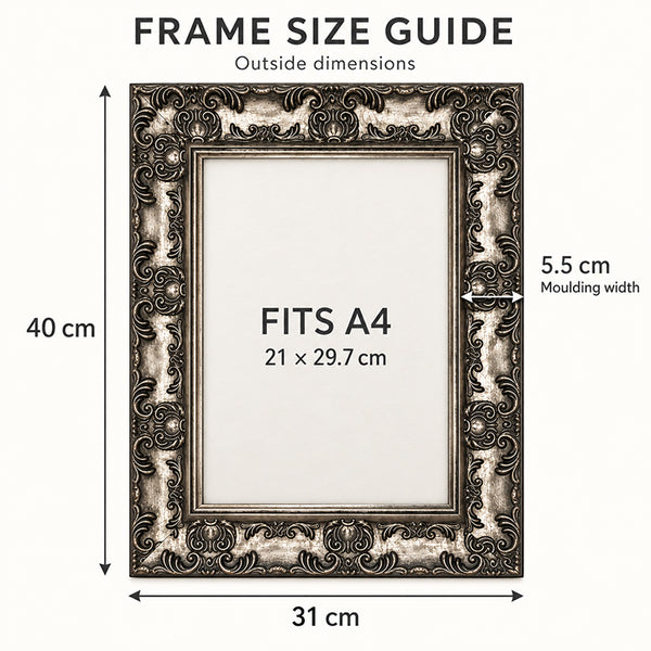 A4 Ornate Antique Frame With Glass | Gunmetal Silver