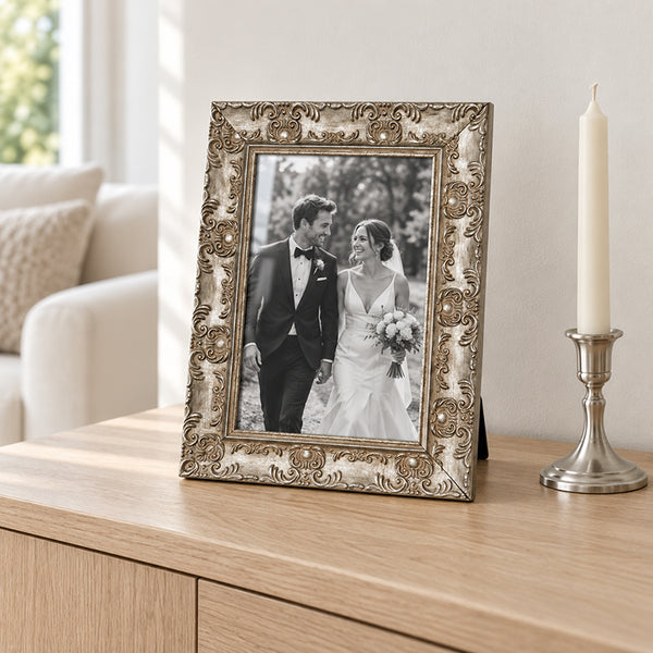 A4 Ornate Antique Frame With Glass | Champagne Silver