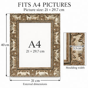 A4 Ornate Antique Frame With Glass | Champagne Silver