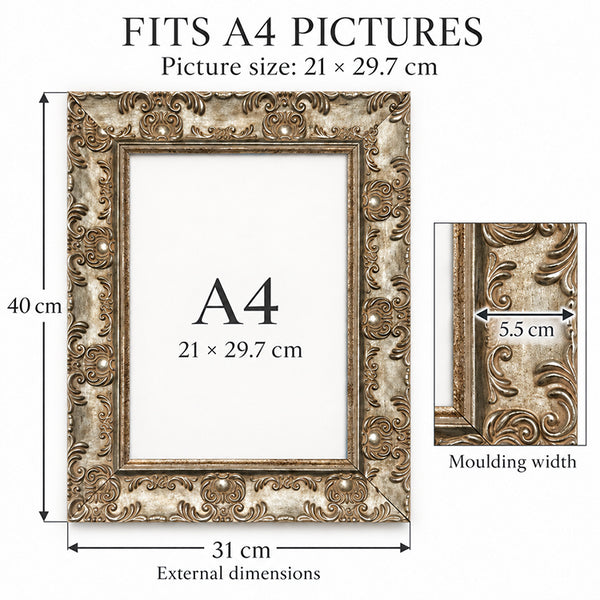 A4 Ornate Antique Frame With Glass | Champagne Silver
