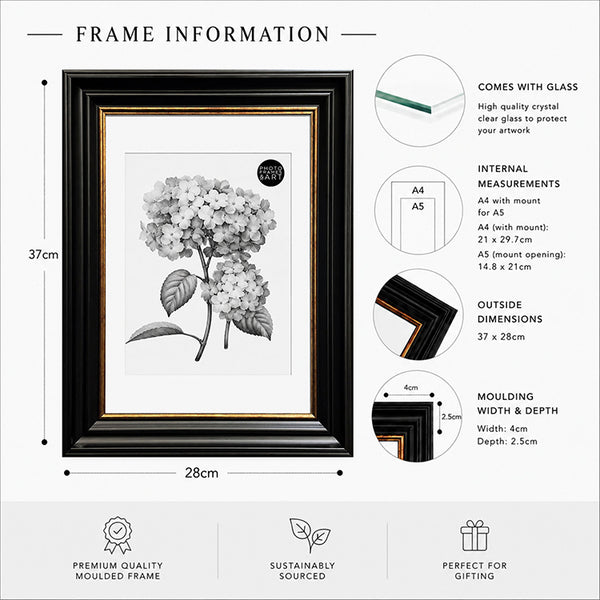 A4 Shabby Chic Picture Frame With Mount | Vintage Black