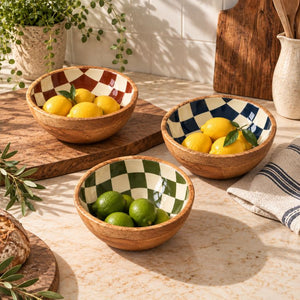 Geo Enamel Mango Wood Bowl 17.5cm | Choice of 3 colours