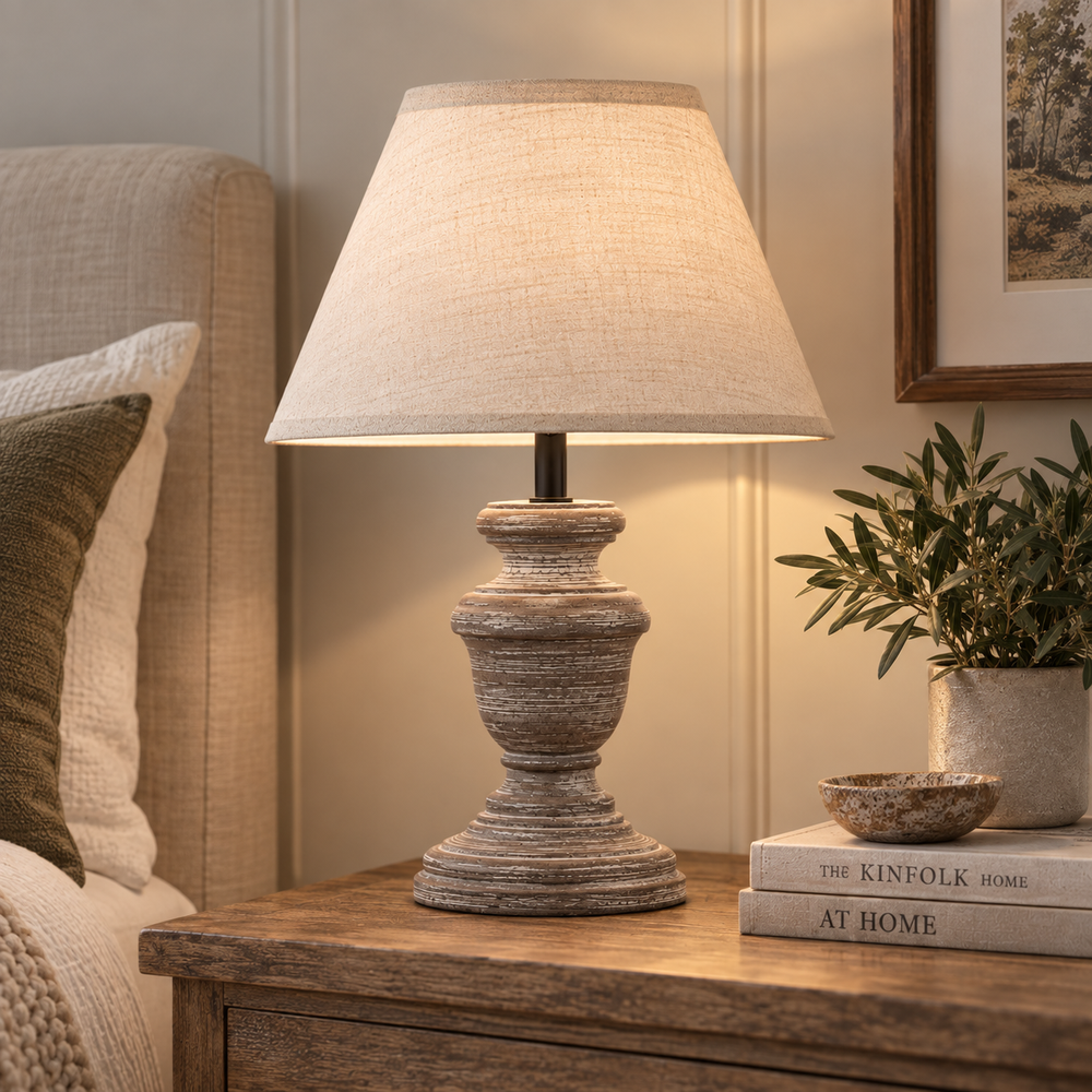 Belluno Distressed Grey Wooden Table Lamp | Linen Shade