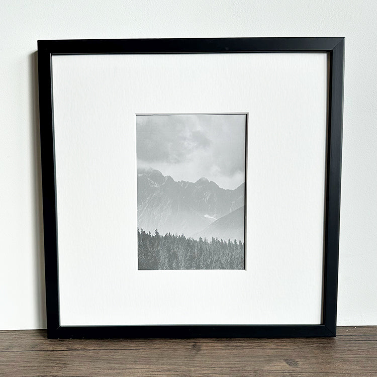 Oversized Mount Wooden 12x12 Black Frame for 7x5 with a scenic Photo of a mountain