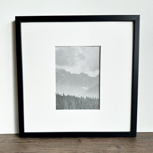 Oversized Mount Wooden 12x12 Black Frame for 7x5 with a scenic Photo of a mountain