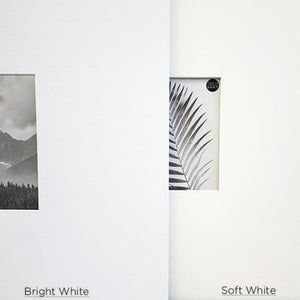 Two fabric swatches labeled 'Bright White' and 'Soft White' on a white background.