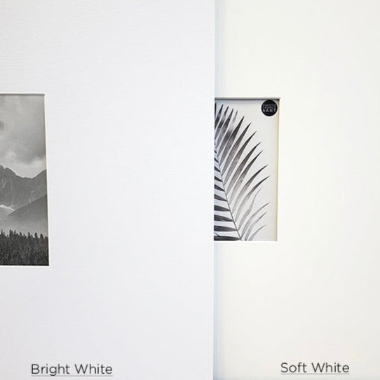 Two fabric swatches labeled 'Bright White' and 'Soft White' on a white background.
