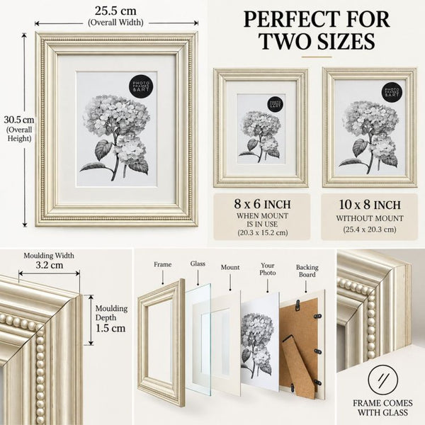 10x8" Vintage Ivory Photo Frame with Beaded Detail | For 8x6" Print