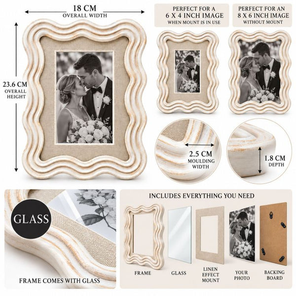 Cream Wavy Wooden Photo Frame with Linen Mount  | 6x4" print