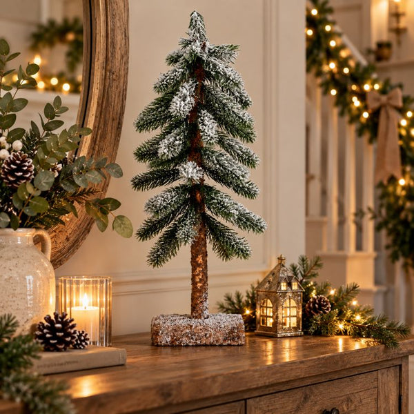 Medium Snowy Pine Tree On Wooden Stand | 60cm