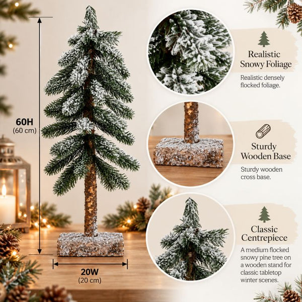 Medium Snowy Pine Tree On Wooden Stand | 60cm