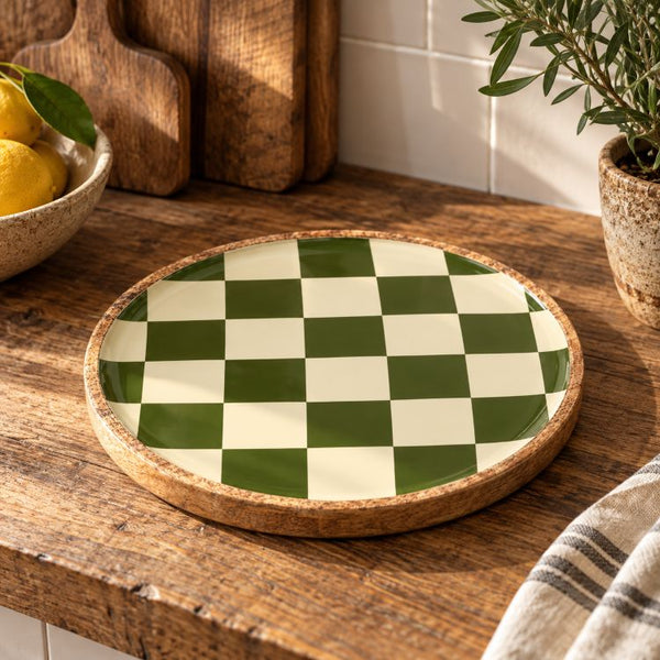 Geo Enamel Mango Wood Plate 35 cm | Choice of 3 colours