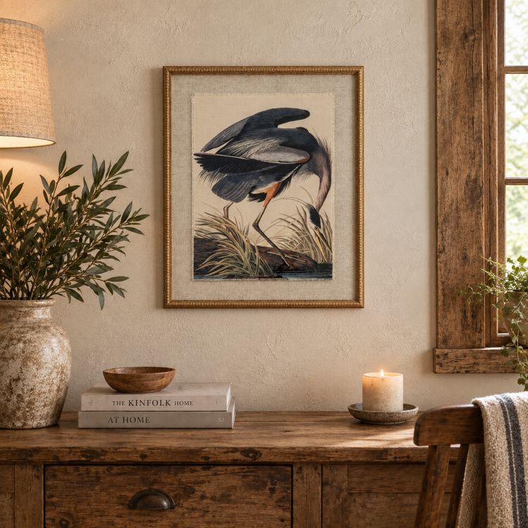 Vintage Heron Framed Wall Art 40x50cm | Wooden Bird Print