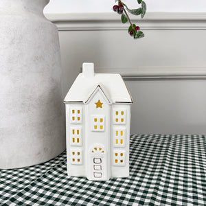 Tall White Light Up Ceramic House | Gold Edging