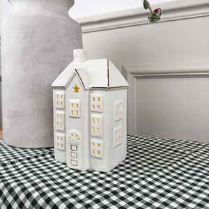 Tall White Light Up Ceramic House | Gold Edging