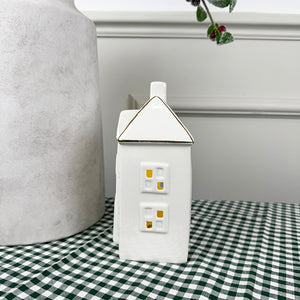 Tall White Light Up Ceramic House | Gold Edging