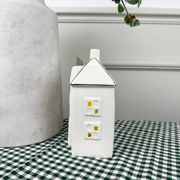 Tall White Light Up Ceramic House | Gold Edging