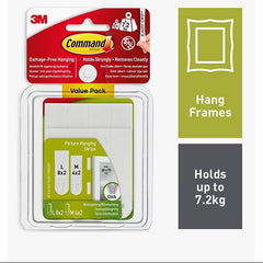 3M Command Value Pack hang frames on a white background, featuring the retail blister packaging on the left and informational graphic panels on the right explaining use and load capacity.