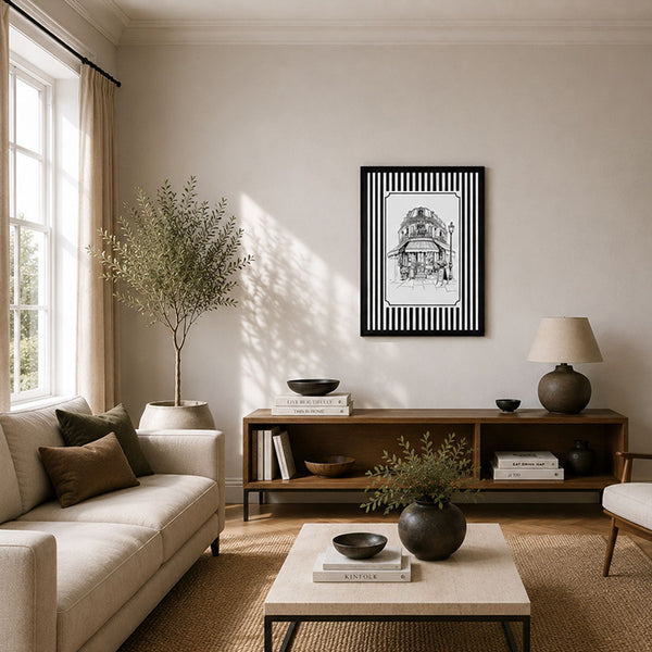 Framed 50x70cm Striped Wall Art | Cafe Front
