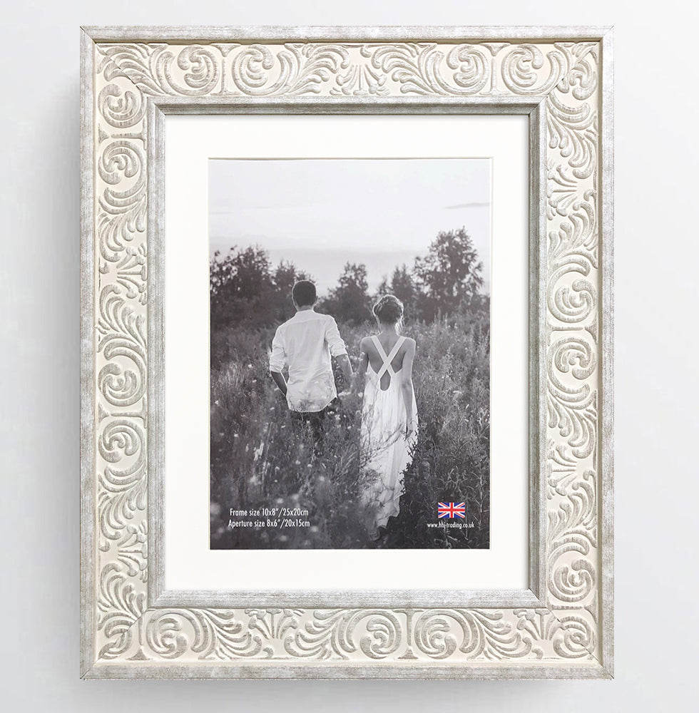 Shabby Chic Provence Cream / Grey Distressed Ornate Wedding Photo Frame 10x8'' For 8x6'' With Soft Cream Mount - photoframesandart