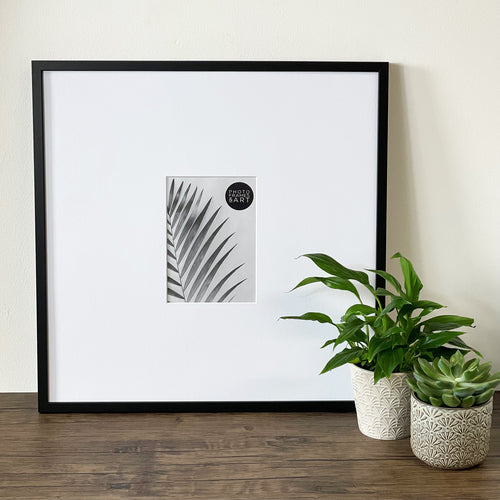 Oversized Mount Wooden 18x18 Black Frame for 7x5 with a Photo of a Plant and PF&A Logo 